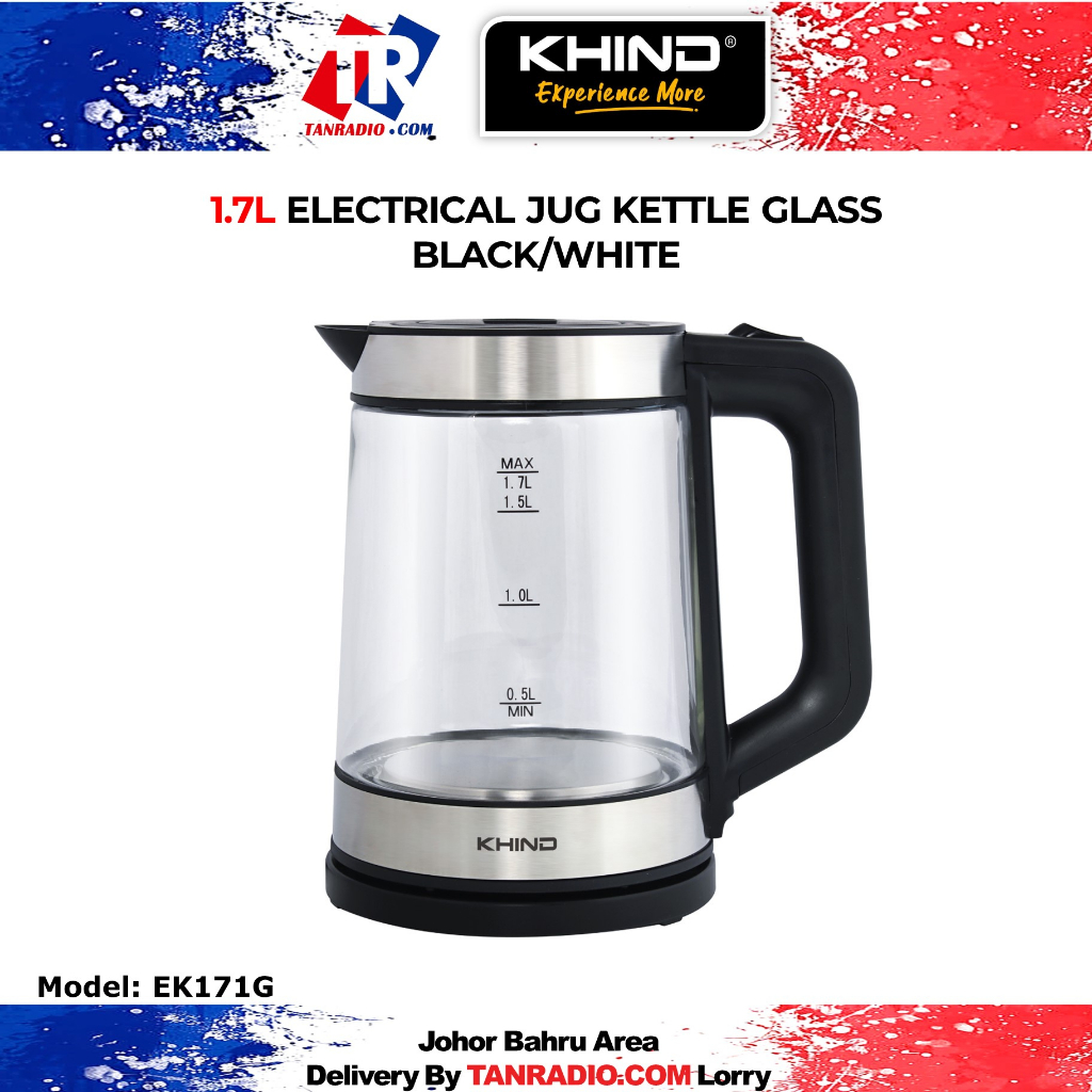KHIND Cordless Electric Jug Kettle Glass 1.7L Black/White EK171G
