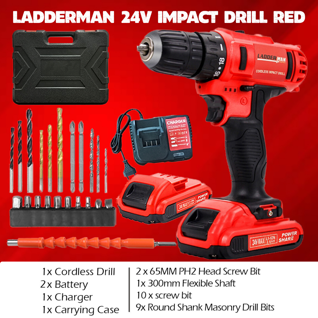 Ladderman Black Ldm 24v 2li Electric Cordless Impact Driver Drill 3 Operation Mode With 2