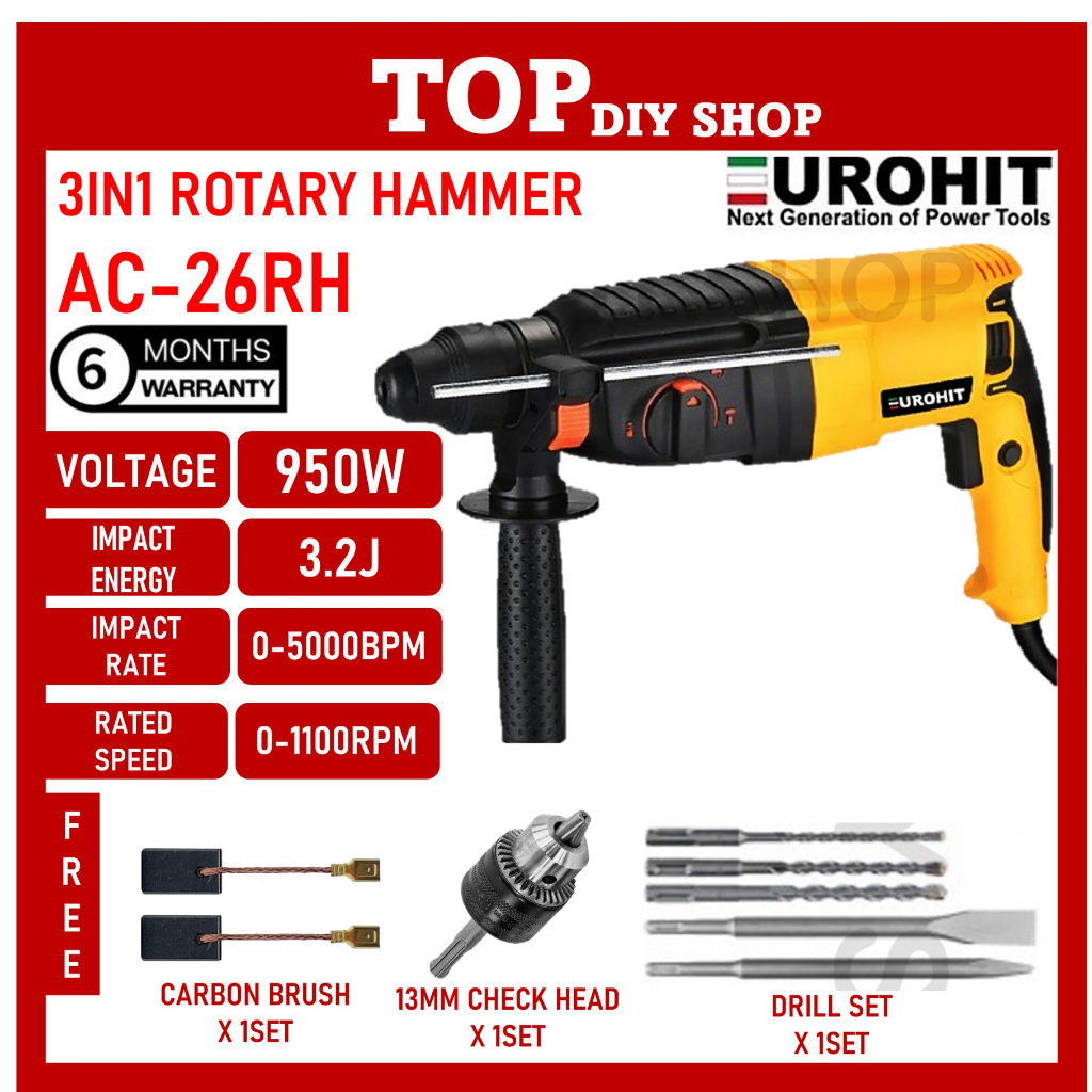 Eurohit 950W 3 IN 1 Rotary Hammer Drill Chiseling AC26RH 3 Functions