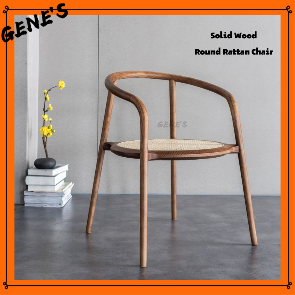 Gene's Solid Wood Rattan Round Armrest Chair Round Rattan Dining Chair Cafe Restaurant Office