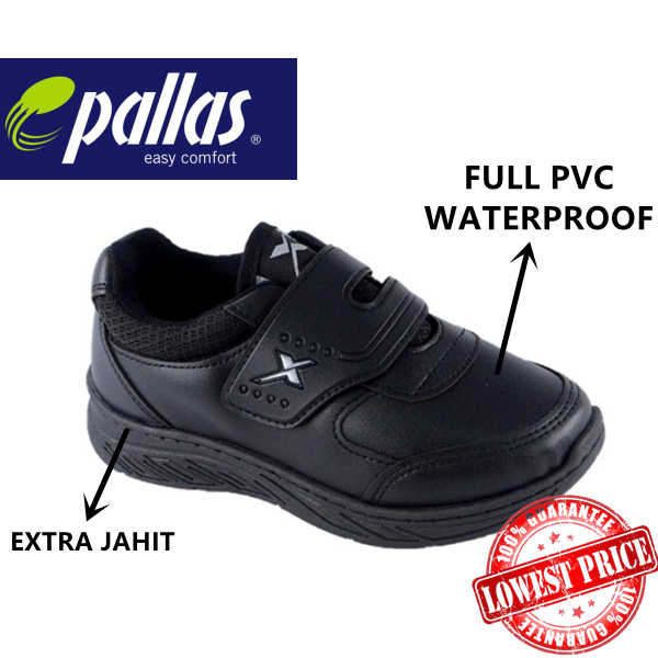 Pallas X Kasut Sekolah Hitam Sekolah Rendah Full Pvc Waterproof