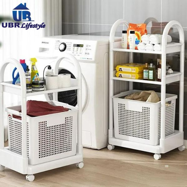 3 Tier Laundry Basket Trolley Removable Plastic Bathroom Shelf Laundry