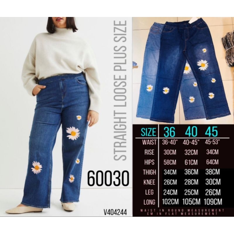 (2XL4XL) Straight Cut Jeans Women Plus Size High Waist Flower