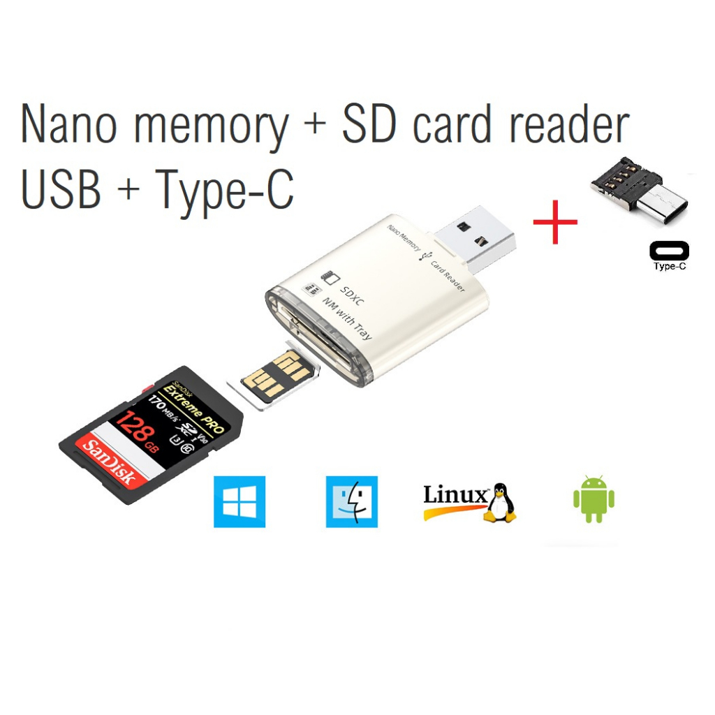 3 in 1 USB 3.0 TypeA + TypeC HUAWEI nm nano Memory Card Reader OTG SD