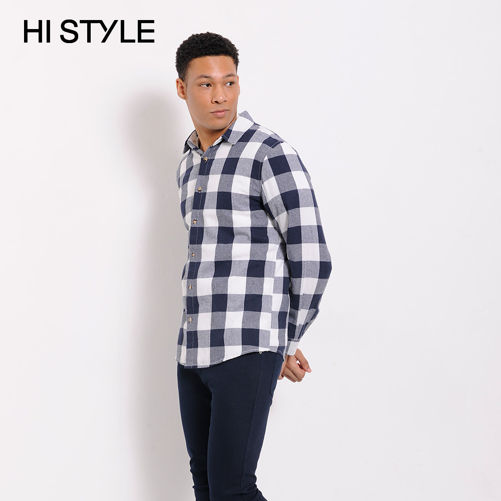 HI STYLE Men Long Sleeve Checked Shirt - Navy - ETM3H3954 / Kemeja ...