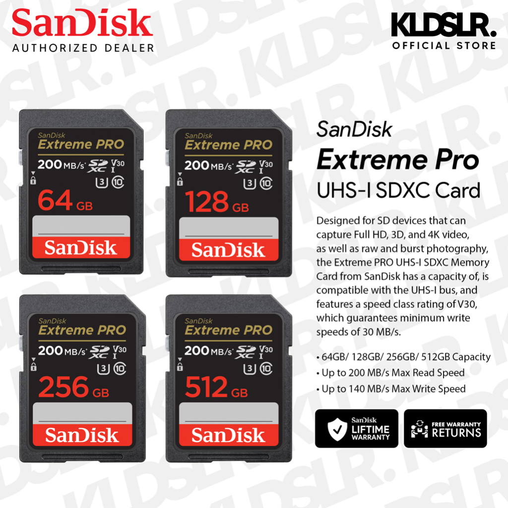 SanDisk Extreme Pro 64GB / 128GB/ 256GB 200 MB/s SD Card U3 4K Memory ...