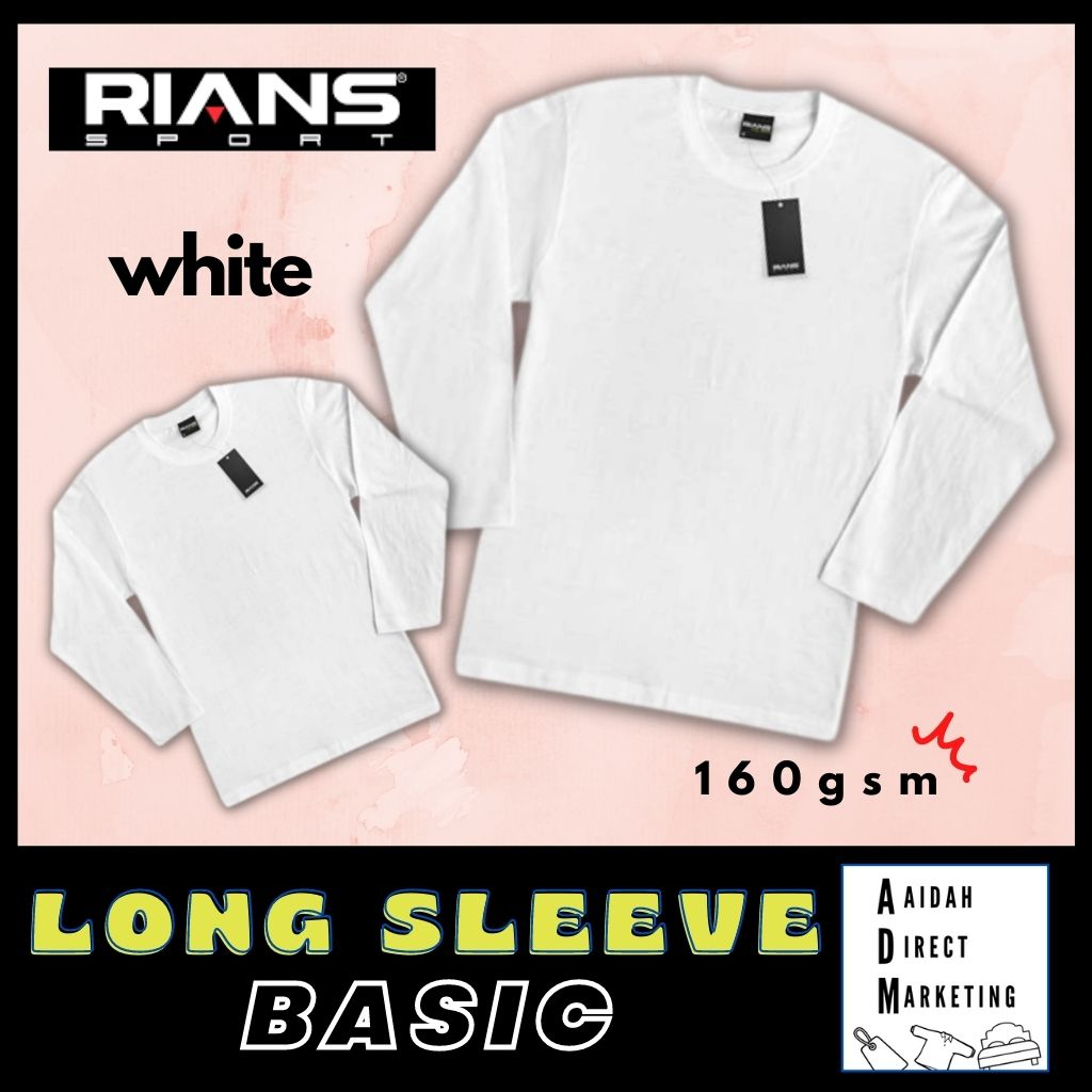 LONG SLEEVE) WHITE - RIANS (BASIC) Plain Cotton Round Neck T-Shirt