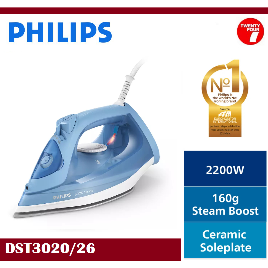 Philips 3000 Series Steam iron, 2200 W Power, 300 ml Water Tank Capacity,  160g Maximum Steam Output Capacity, Smooth Gliding Ceramic Soleplate,  Built-in Calc Clean Slider, Light Blue