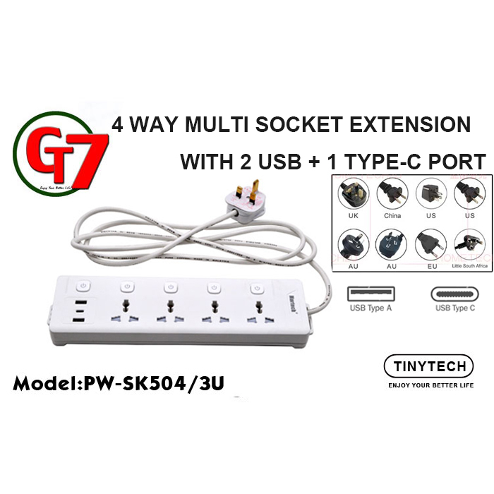 4 WAY MULTI SOCKET EXTENSION WITH 2 USB + 1 TYPE-C PORT (PW-SK504/3U ...