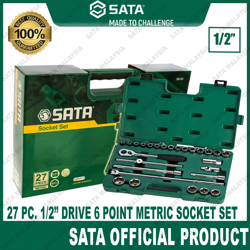 SATA 27Pc. 1/2" Drive 6 Point Metric Socket Set (20Pc Metric Socket & 7 ...