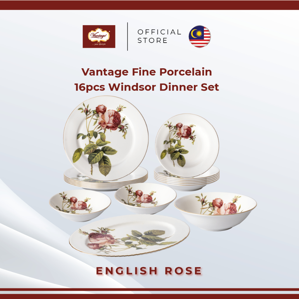Vantage Fine Porcelain English Rose (F4) Windsor Dinner Set with Gold Lining (16pcs Tableware