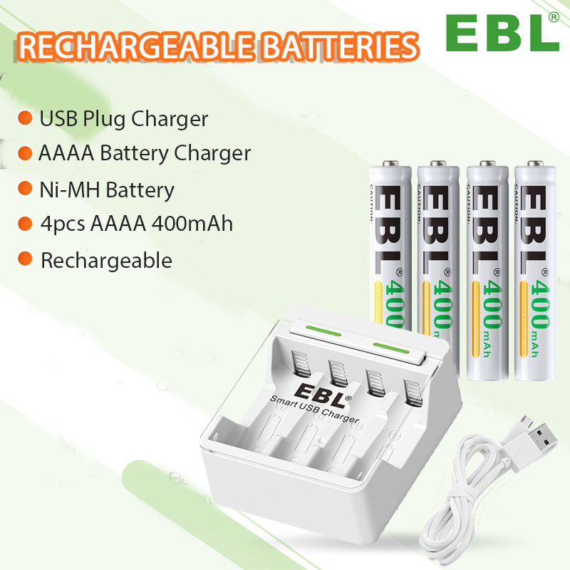 EBL 4pcs 400mAh 1.2V NiMH AAAA bateri Rechargeable Batteries Charger