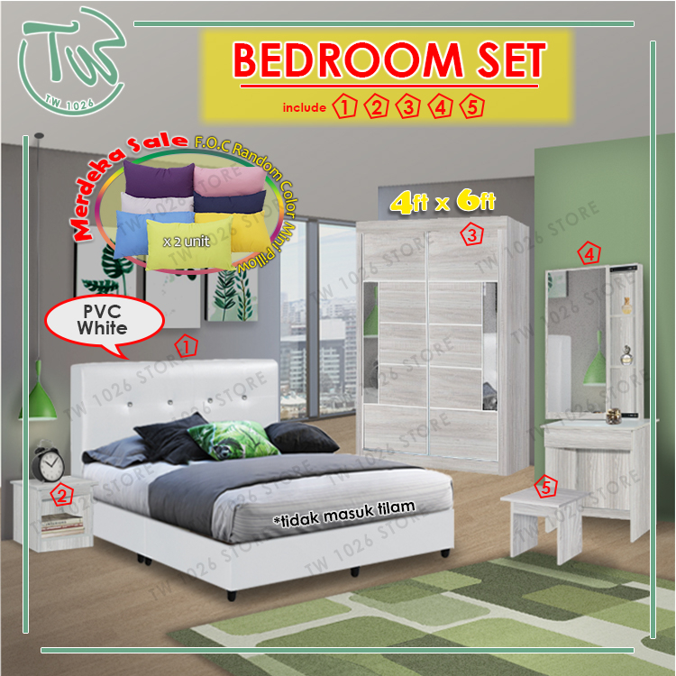 TW【Siap Pasang】【QUEEN/KING】[Set A] Bedroom Set /Set Bilik Tidur/4 Feet
