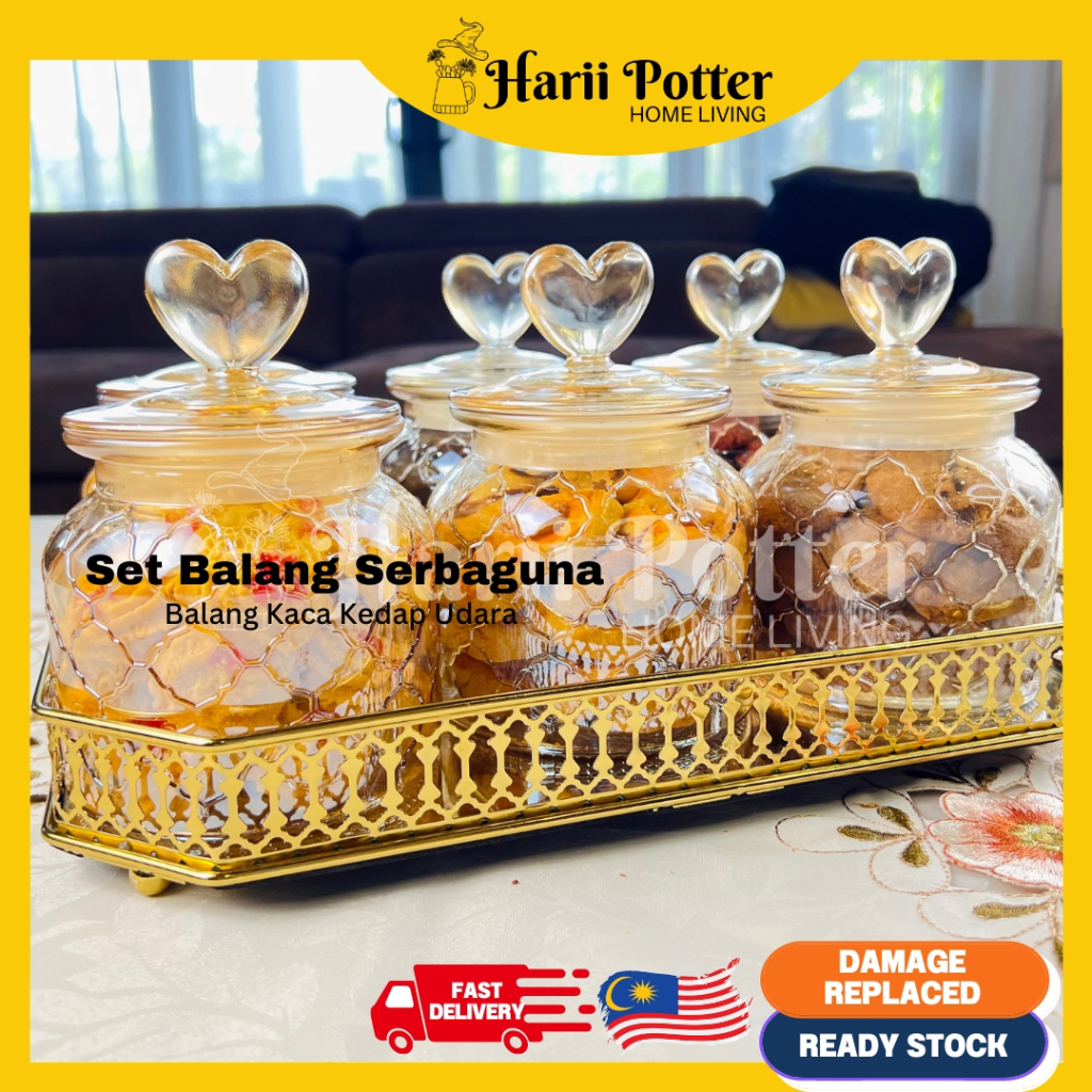 Harii Potter Homeliving Set Raya Balang Kaca Kuih Raya Amber Plain Bekas Raya Elegan Kedap Udara