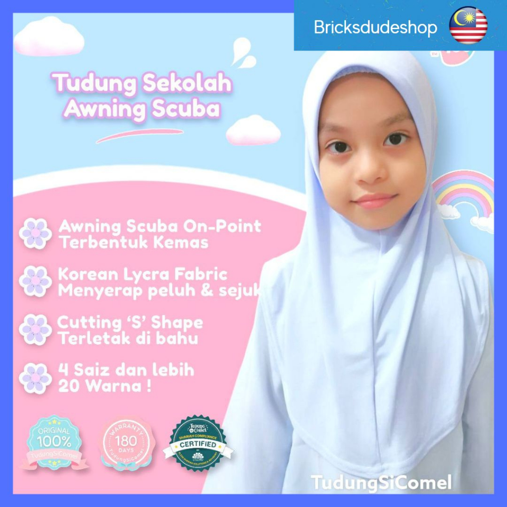 Set B Tudung Budak Sekolah Perempuan Awning Scuba Lycra Lembut Plain Hijab Tudung Si Comel