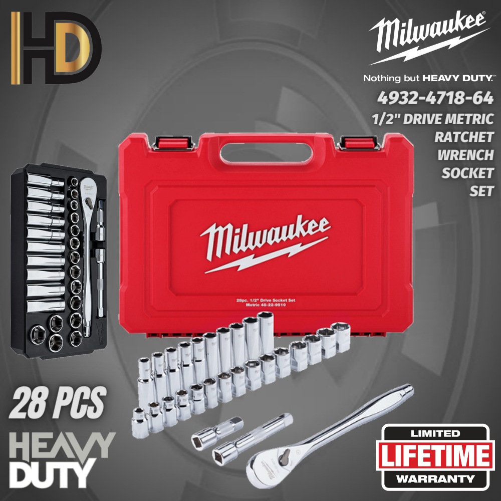 Milwaukee 28 Pcs 1/2" Drive Metric Ratchet & Wrench Socket Set / Lifetime Warranty / 49324718