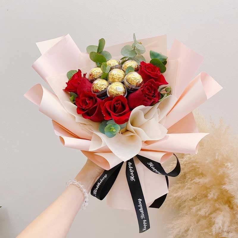 Red Rose Bouquet Ferrero Rocher Flower Snack Bouquet Bunga Chocolate