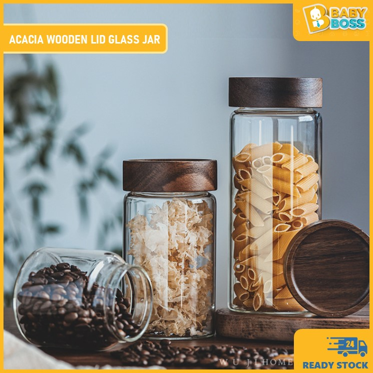 BabyBoss Acacia Wooden Lid Glass Jar Airtight Clear Canister Storage ...