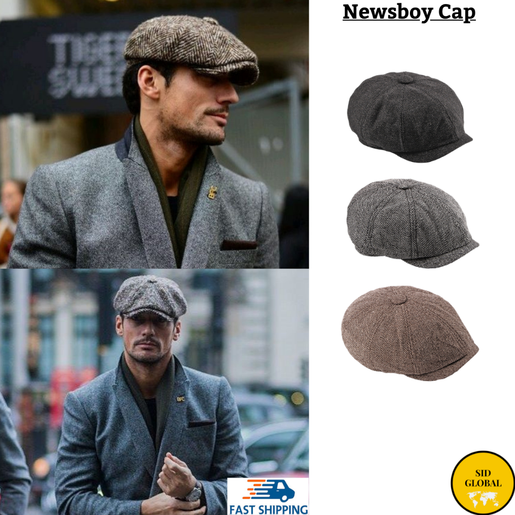 Men Beret Newsboy Hat Flat Cap Retro Vintage Topi Lelaki Tweed Hat Wool ...
