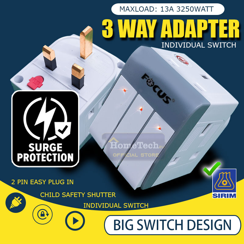 FOCUS 3 Way Adapter Extension Plug Extantion Socket with Sirim Surge ...