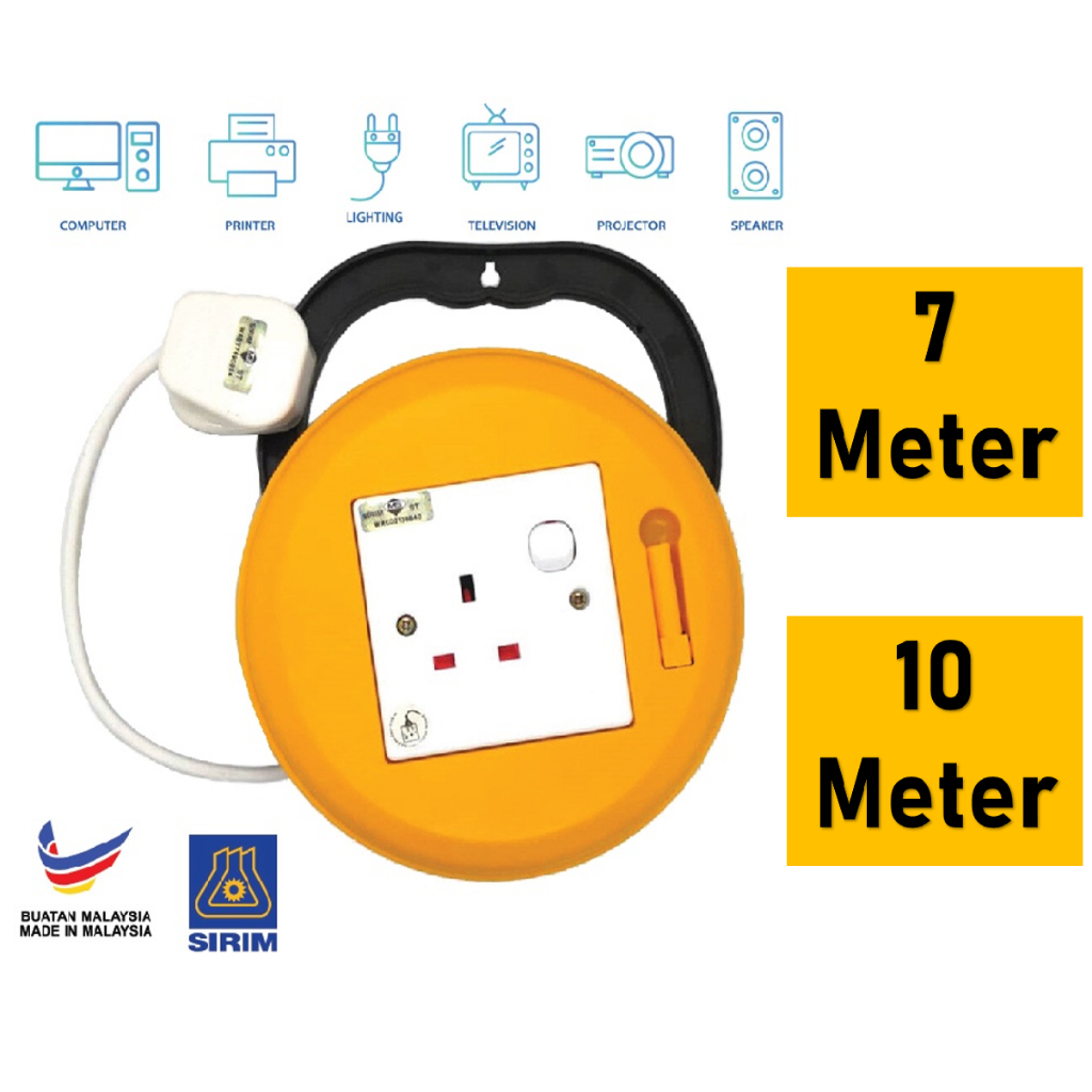 [SIRIM APPROVED] 7M Extension Round Wire Box Trailing Socket Cable Reel ...
