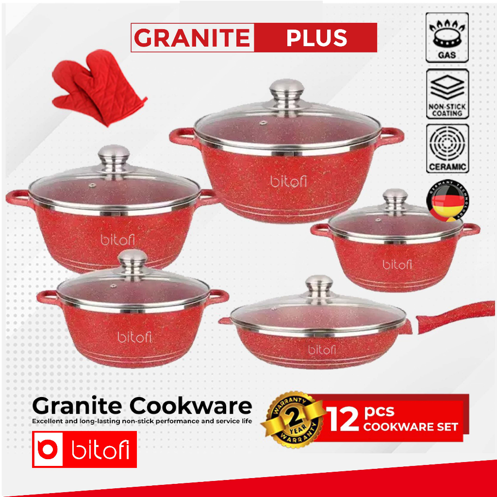 BITOFI GERMANY 12 PCS Cookware Set Non-Stick Granite Cooking Pot Frying ...