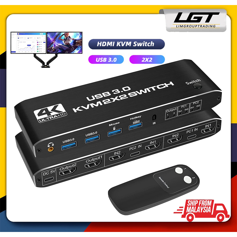 LGT Dual Monitor HDMI KVM Switch 2x2 HDMI USB 2 in 2 out 4K 60Hz HDMI 2 ...