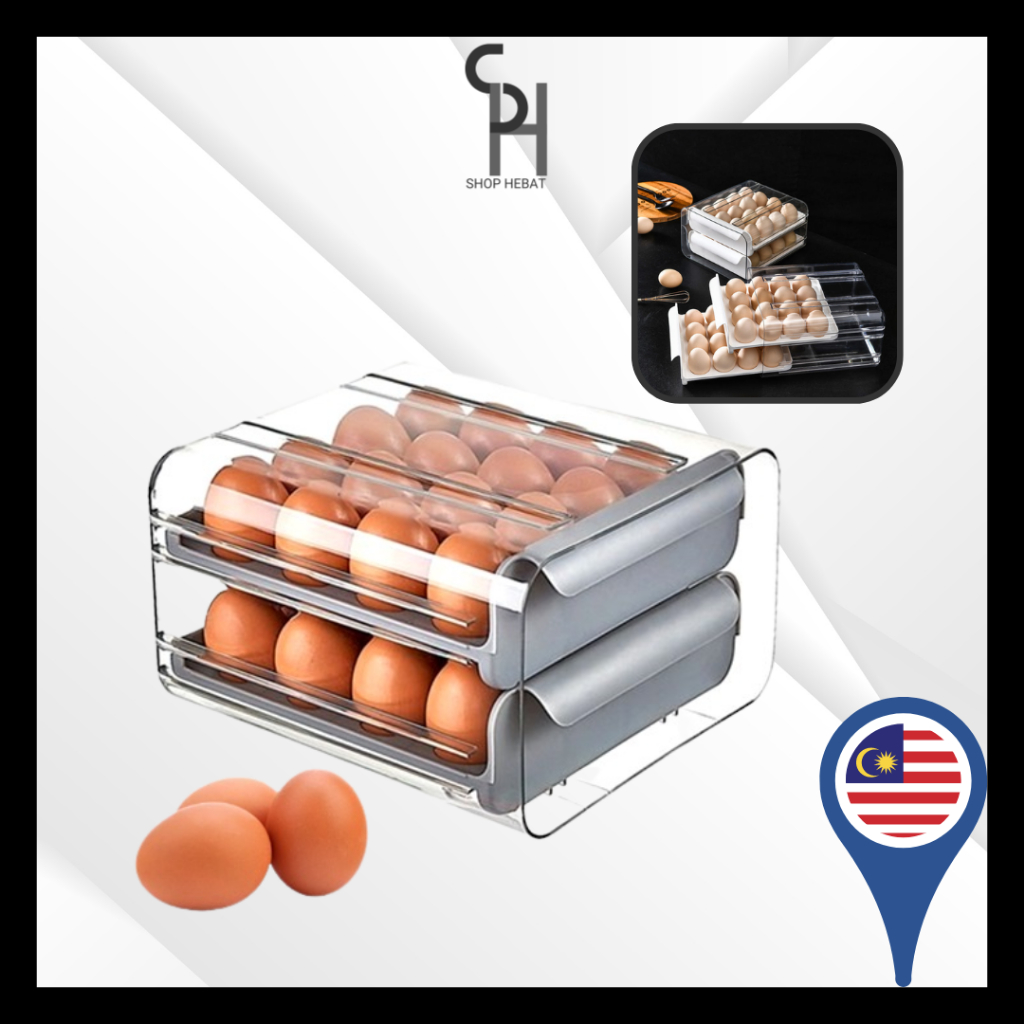 HEBAT👍 32 Grid Double Layer Egg Storage Container Stackable with Drawer ...