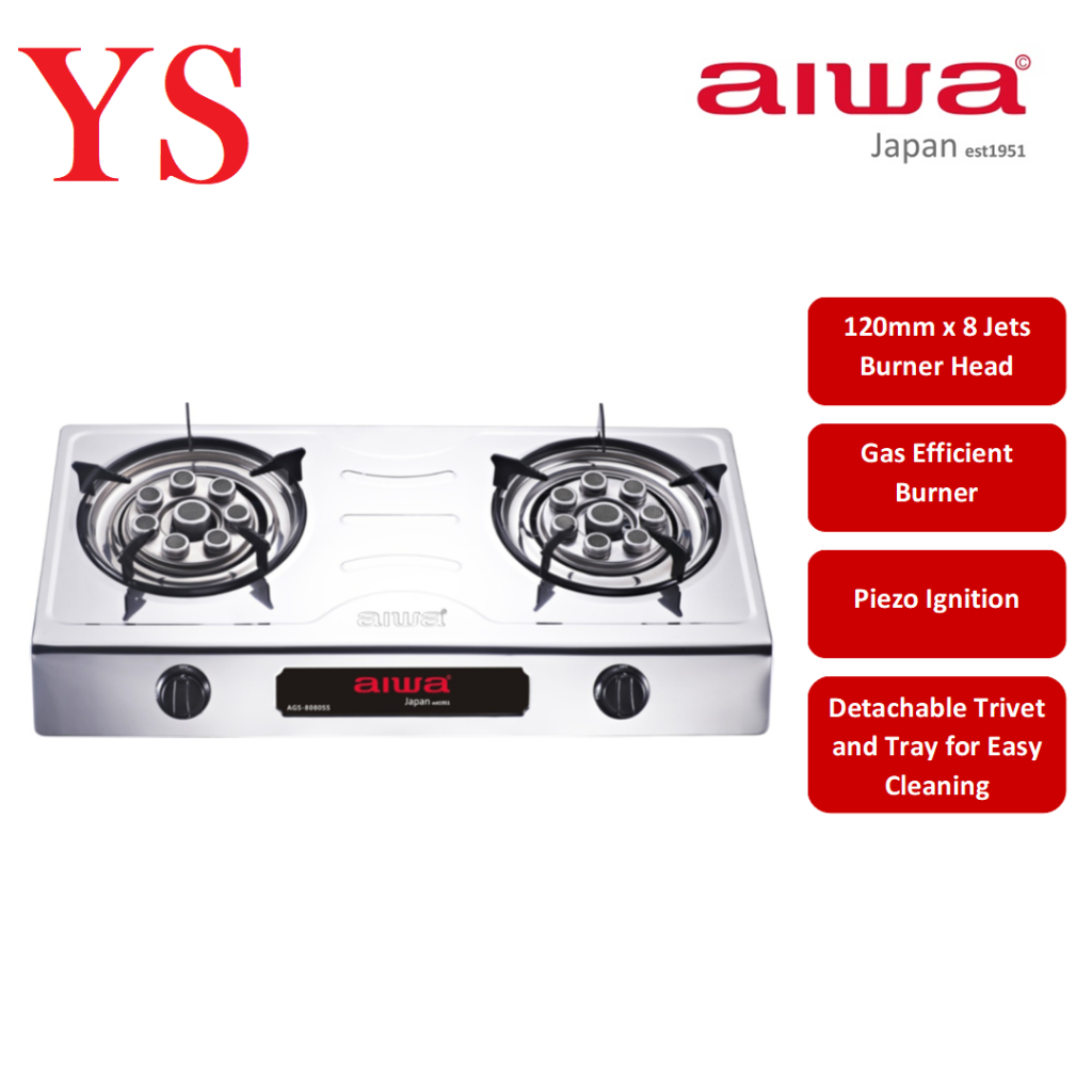 Aiwa 8 Jets Stainless Steel Double Burner Gas Stove (1 Year Warranty
