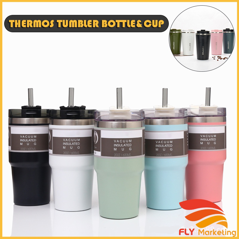 Thermos Tumble Bottle & Cup with Straw Macaron Insulated Tumbler Cup ...