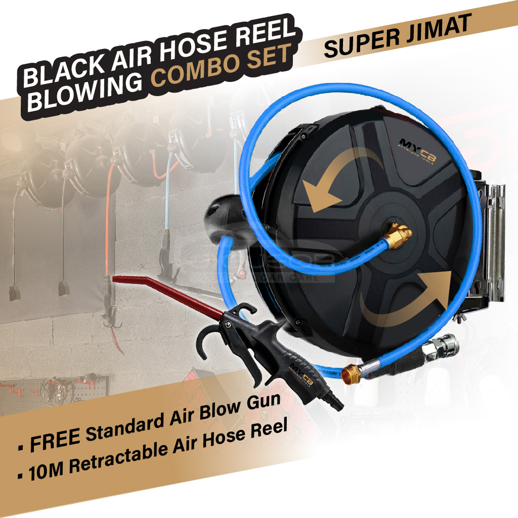MYCB [Promo] 10M Retractable Air Hose Reel BLACK 1/4'' Hose Reel Wall Mount  FREE Standard Air Gun High Power Air Blow