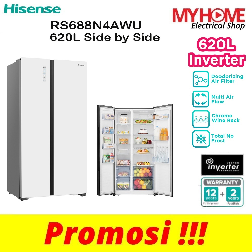 HISENSE RS688N4AWU 620L SIDEBYSIDE INVERTER FRIDGE / REFRIGERATOR