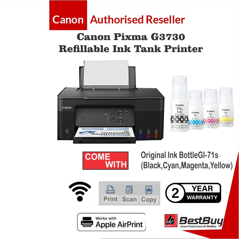 Canon Pixma G3730 Compact Refillable Ink Tank All In One Printcopyscanwifi Printer Shopee 0756