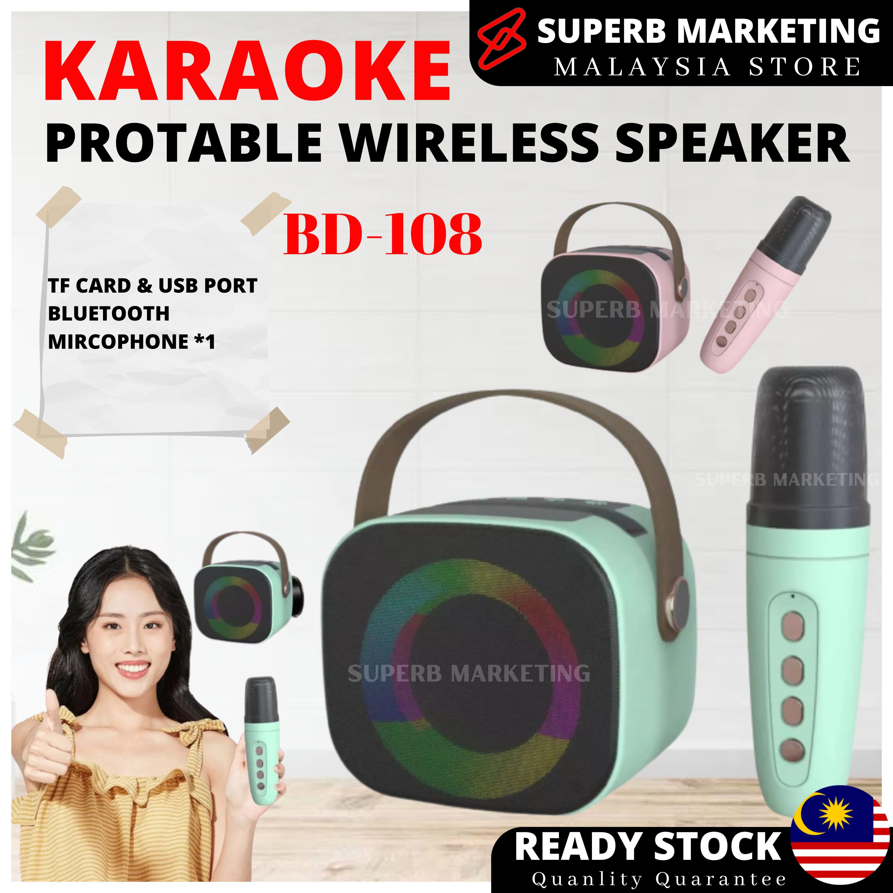 BD108 LED Wireless Karaoke Speaker With Wireless Microphone BD108