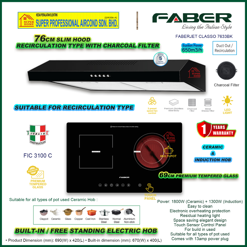 Faber Slim Hood FABERJET CLASSO 7688 (Matt Black) / Faber Builtin Hob