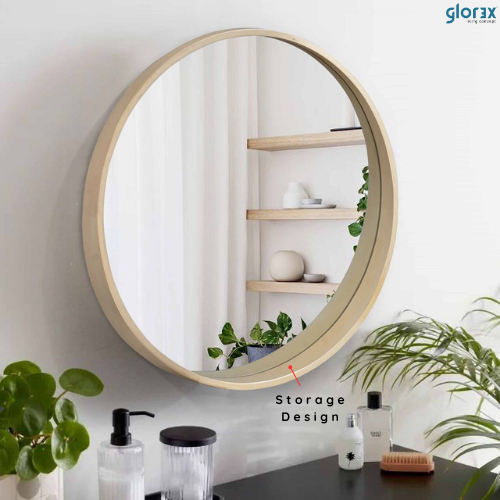 GLOREX(Dia 60cm)Solid Wood Mirror/Wooden Frame/Toilet Cermin Bulat ...