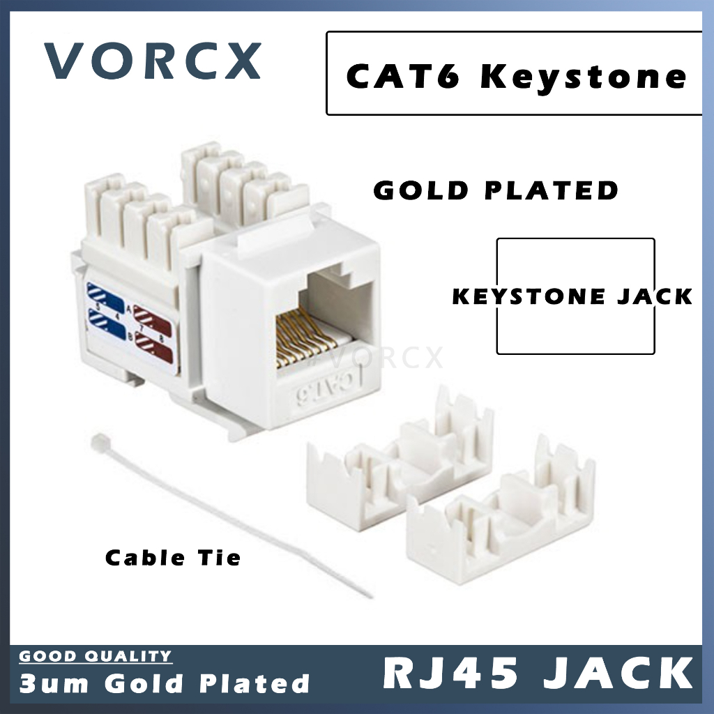 KJ1 CAT6 Keystone Modular Jack with Cable Tie Gold Plated 3u Dual IDC