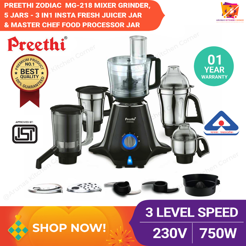 Preethi Zodiac MG218 Mixer Grinder, 5 Jars 3 in 1 Insta Fresh Juicer