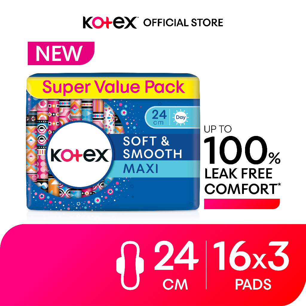 Kotex Soft & Smooth Maxi Day Wing Pad 24cm (16s x 3 Packs) Sanitary