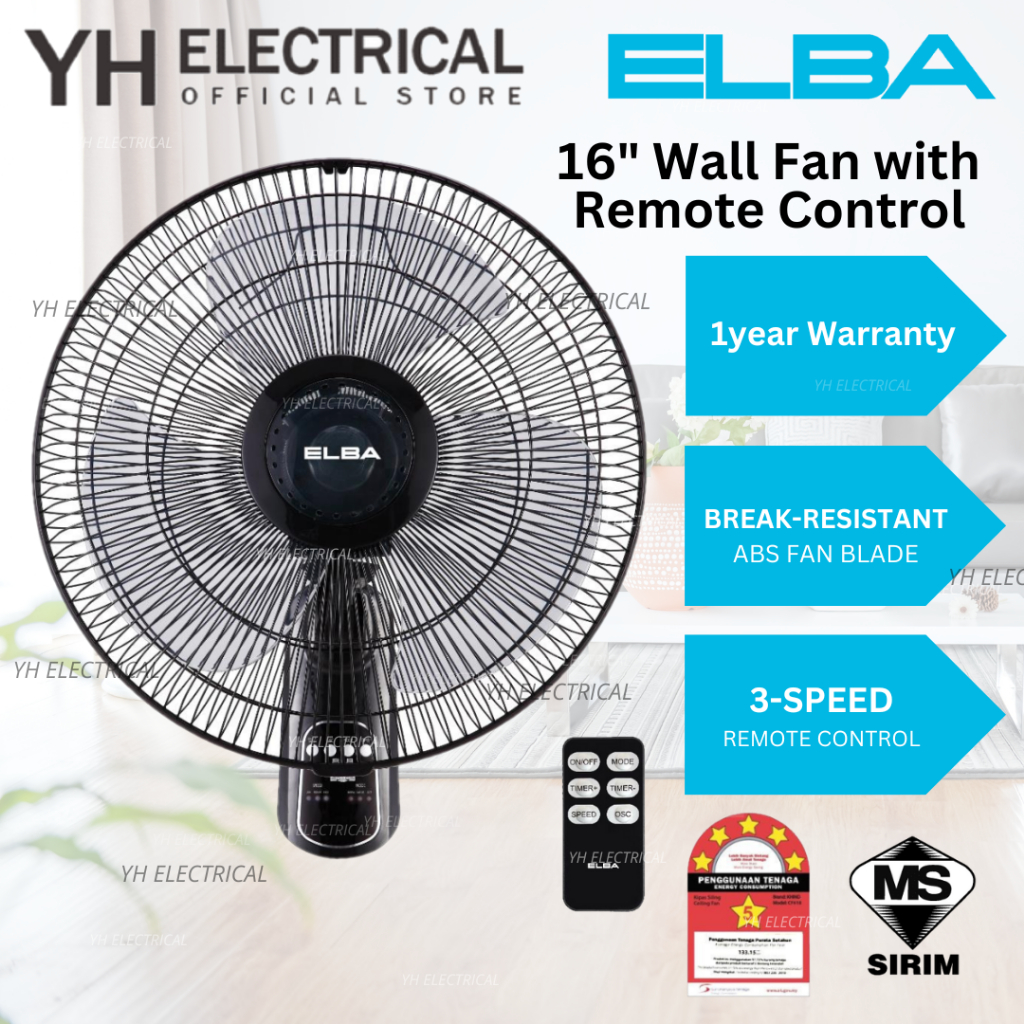 16" inch ELBA Wall Fan Remote Control Wall Fan 3 Speed Abs Blade 1 YEAR