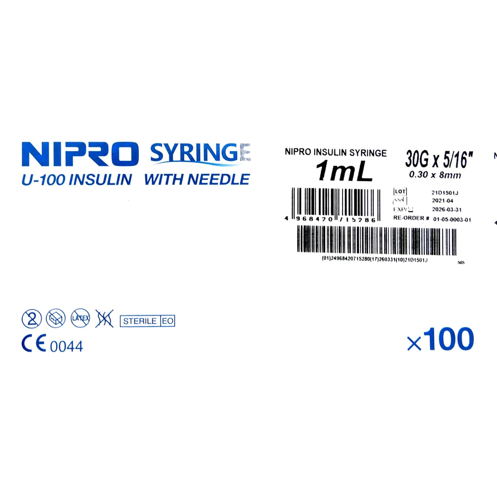 NIPRO SYRINGE U100 INSULIN WITH NEEDLE 30G X 5/16"(0.30 x 8mm) 100''S