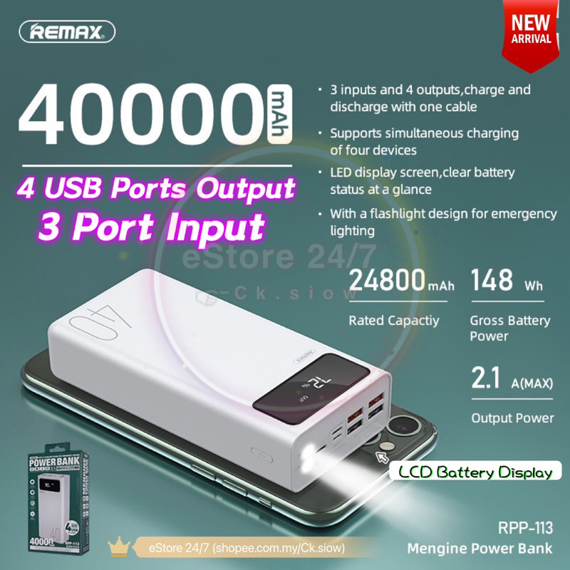Remax RPP 113 Mengine 40000mAh PowerBank 2.1A 4 USB Port Micro Type C ...