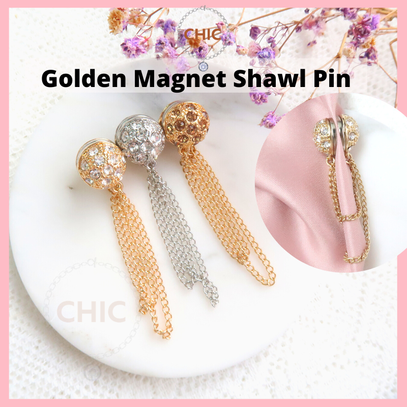 CHICMART Gold Magnet Brooch Kerongsang (With Diamond) Shawl Headscarf  Tudung Hijab Magnet Clip Kerongsang Bahu 磁铁胸针