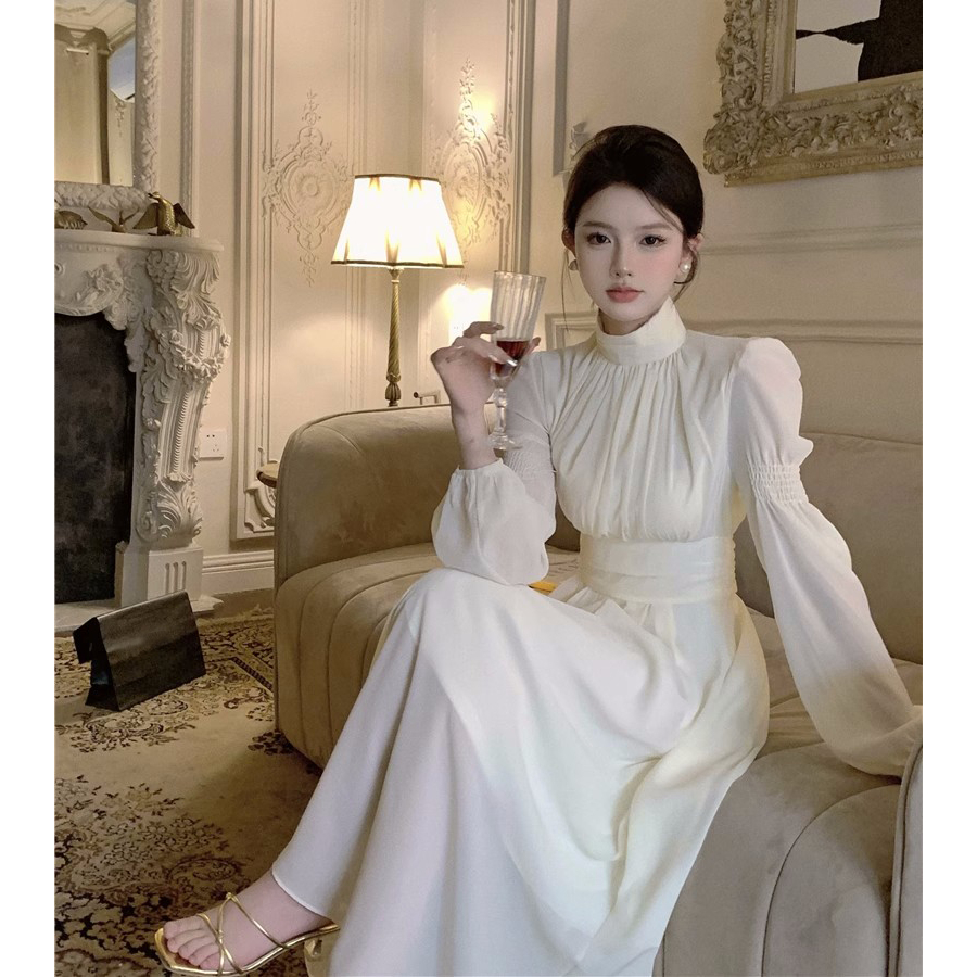 French White High Neck Long Sleeve Dress Fairy Spring 2023 A line Premium Sense Long Dress Shopee Malaysia