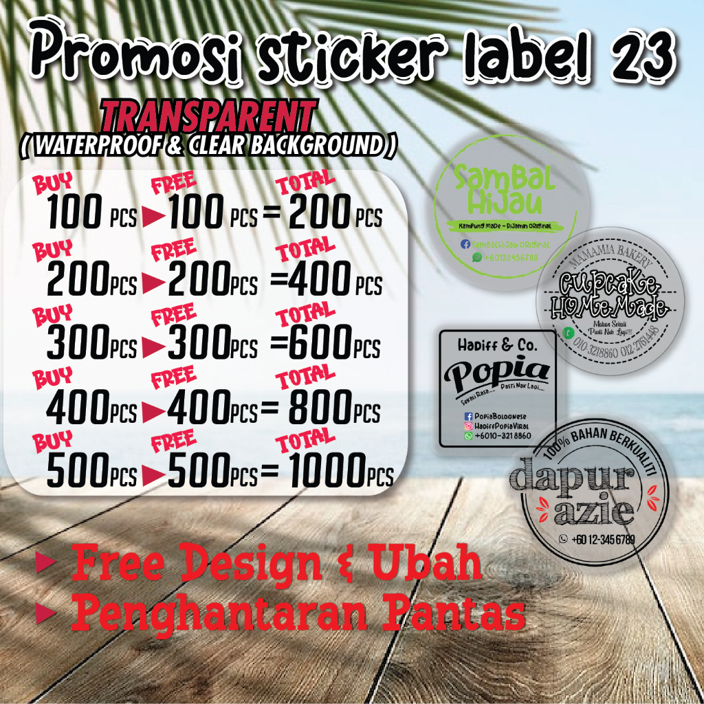 ( BELI 100 FREE 50 PCS) TRANSPARENT WATERPROOF STICKER PRODUK LABEL ...