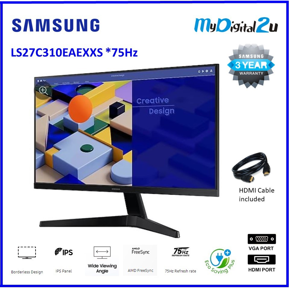 SAMSUNG 27" Essential Monitor LS27C310EAEXXS FHD IPS, 75Hz, 5ms & AMD FreeSync 3 Year Warranty
