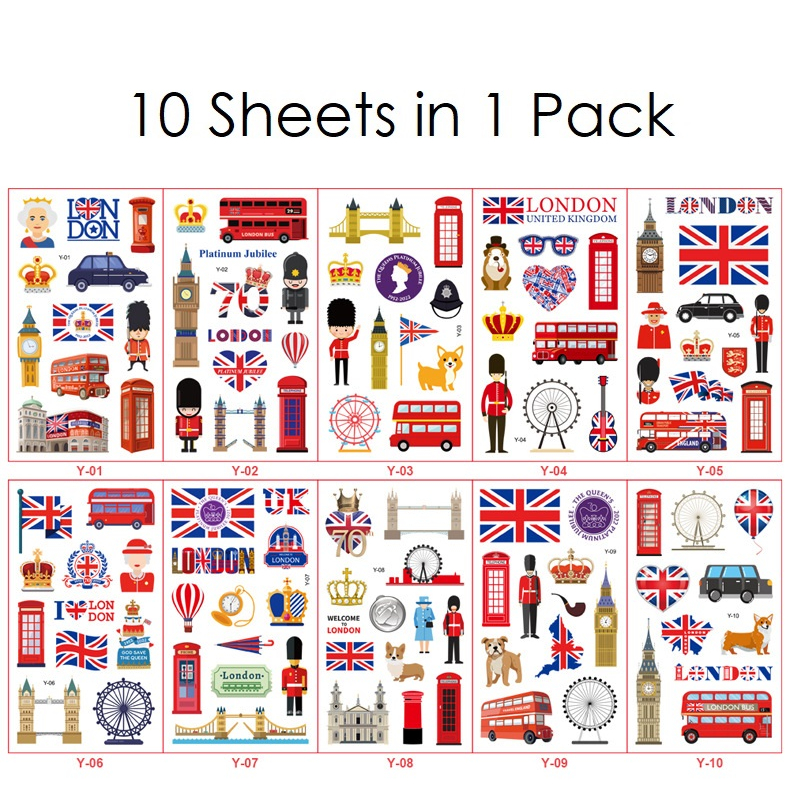 10 Sheets [British flag] Tattoo Stickers Queen's Crown Big Ben London ...