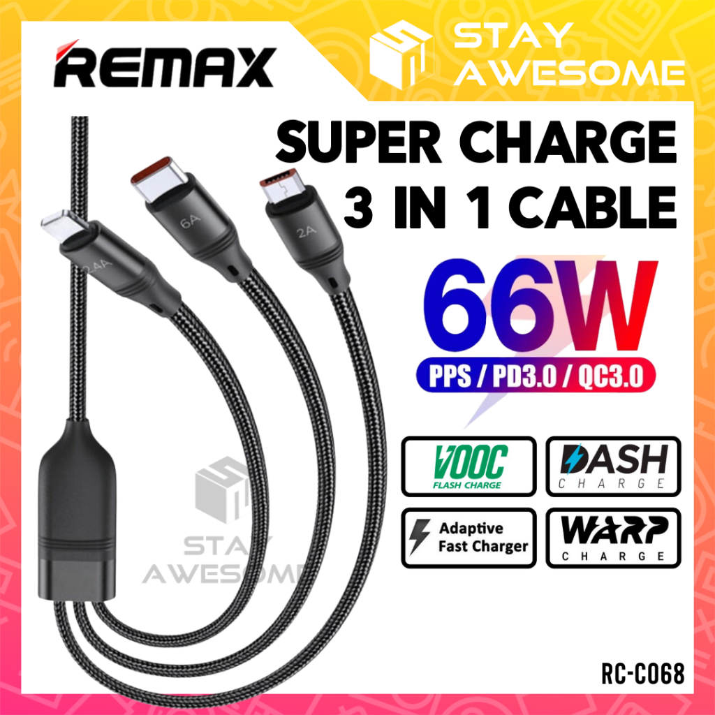 REMAX Cable 66W Super Fast Caj Charging 3 In 1 Android Phone Charger 6A ...