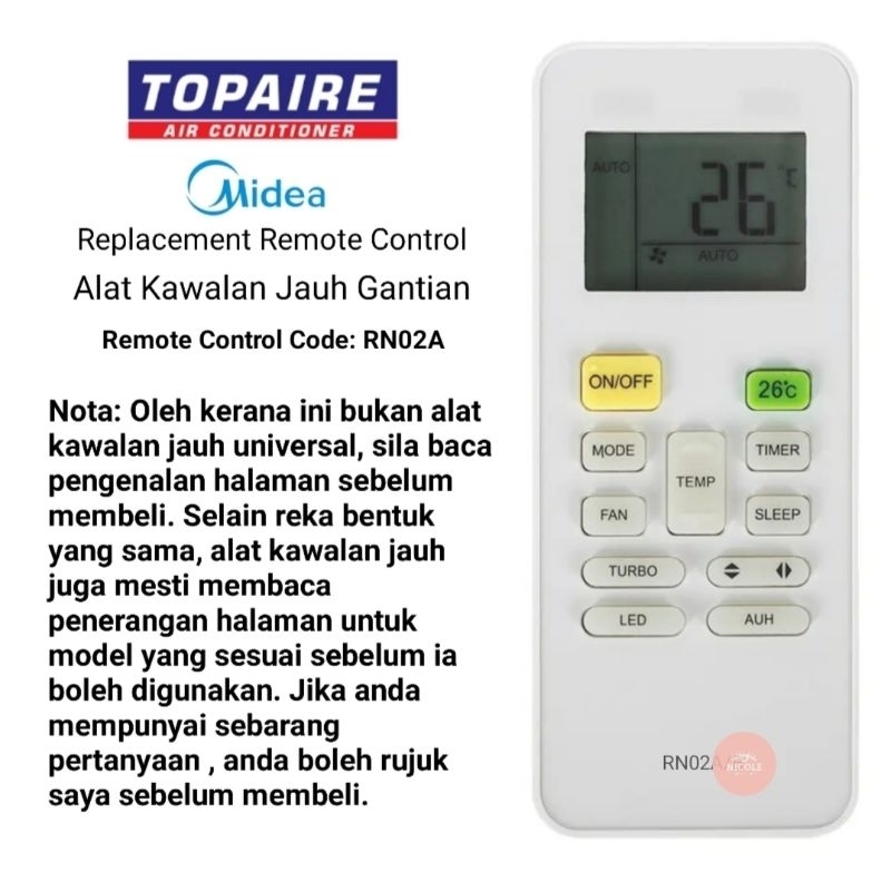 Topaire/ Midea RG52 air conditioner Replacement Remote Control RN02A ...