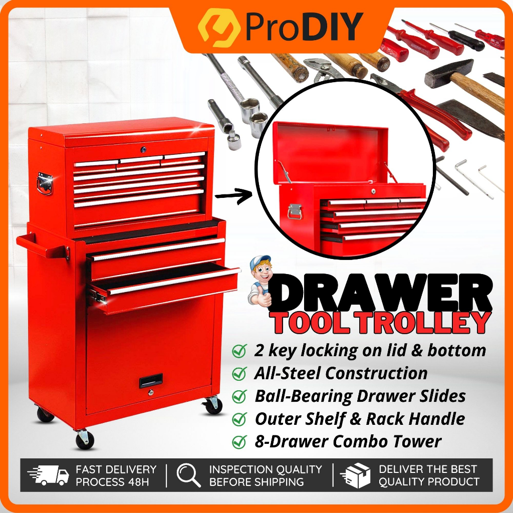 Red 8 Drawer Tool Trolley Outer Shelf Rack Handle Tool